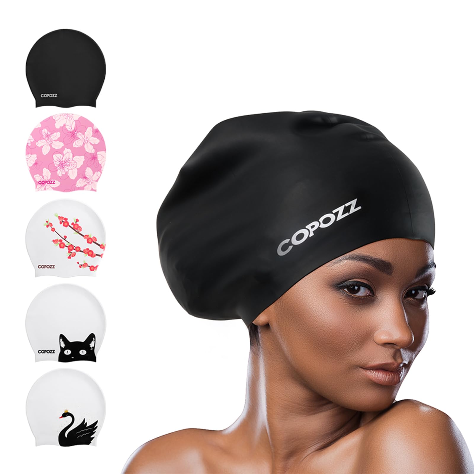 COPOZZ Extra Large Swim Cap, Designed for Long Hair Braids Dreadlocks Weaves Hair Extensions Curls & Afros, Silicone Bathing Cap Swimming Hat for Women Men