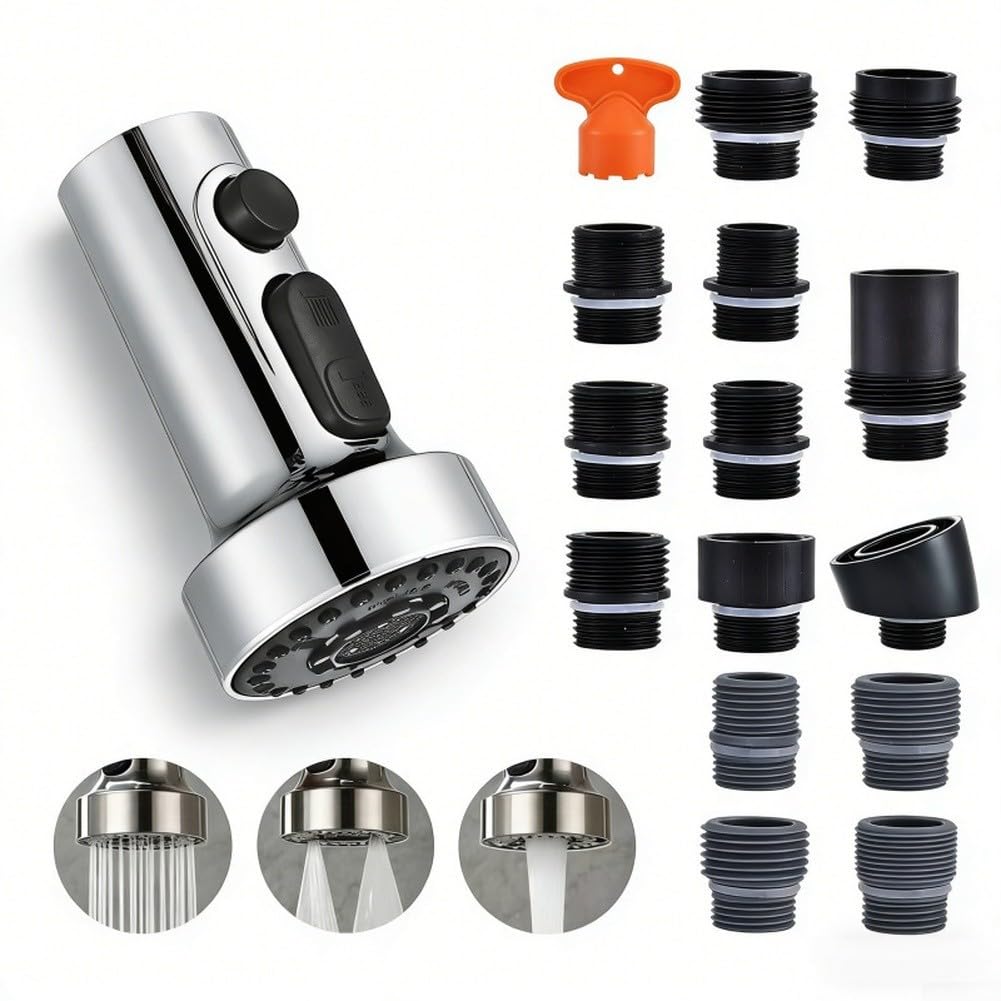 Cabezal rociador extraíble para grifo de cocina con manguera flexible y 15 adaptadores