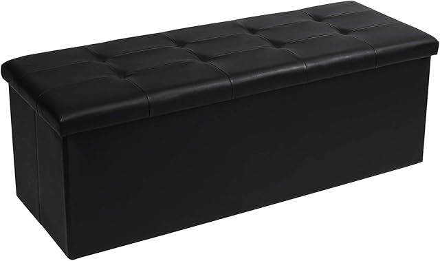 Bonlife End of Bed Storage Bench Large Folding Black Ottoman Seat Blanket Toy Box Bedside Table Faux Leather Footstool Sponge Filling,110x38x38cm