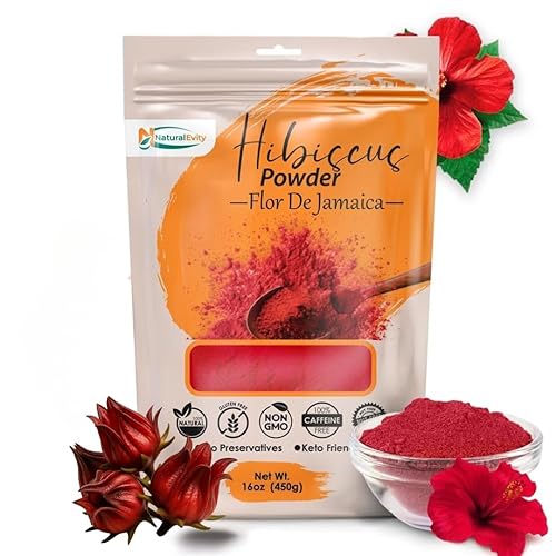 Polvo de hibisco, natural y de calidad premium, para cabello, cara y piel, perfecto para alimentos y bebidas, sin cafeína, sin aditivos (16 onzas)