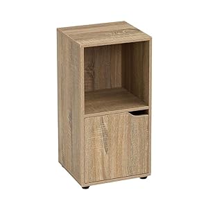 LOLAhome Mesita de Noche 1 Puerta, Estantería de Madera, Librería con Puertas y Compartimentos Abiertos, Mueble almacenaje, Color Natural de 60x29x30 cm para para Estudio, Dormitorio, Salón, Oficina