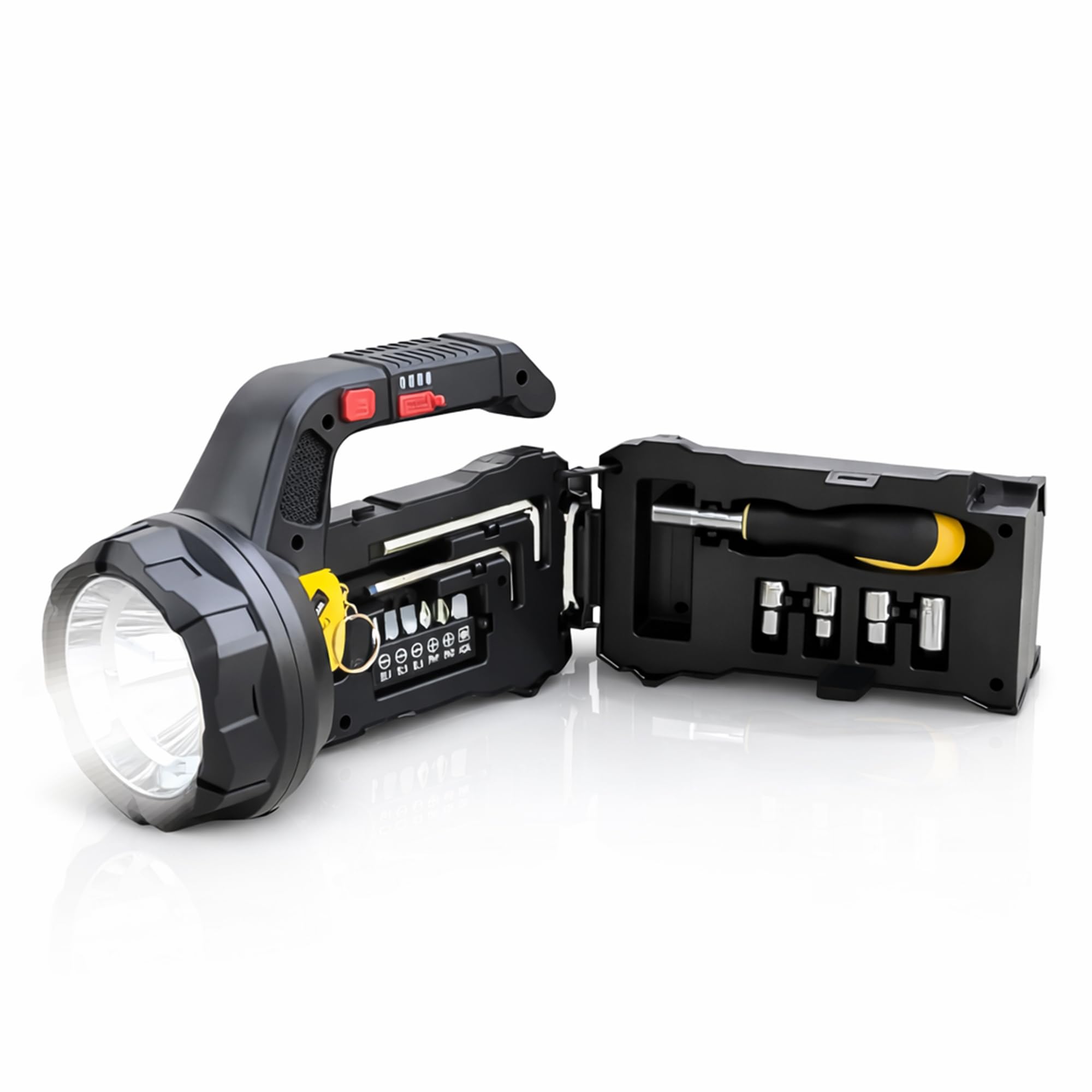 COLLUVA 5 in 1 Multifunctional LED Torch Light with 14 Pcs Tool Kit | Rechargeable Emergency Torch with 10 Hrs Backup | Portable Flashlight with Screwdriver Set for Home, Car & Outdoor Use (Black)-picture-15