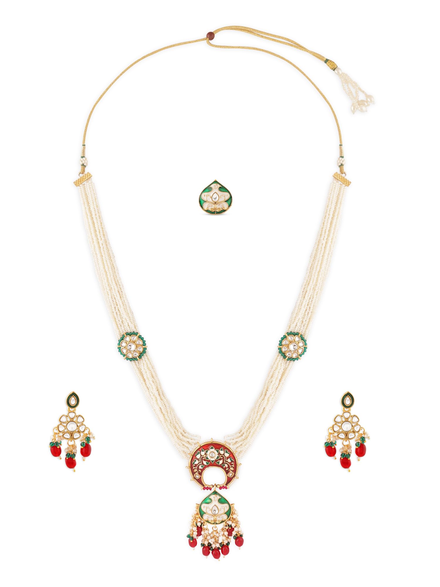 ZAVERI PEARLS Green Red Meenakari Kundan Multistrand Beaded Long Necklace Earring & Ring Set For Women-ZPFK17136 (B0CTF7C9KQ) Amazon Price History, Amazon Price Tracker