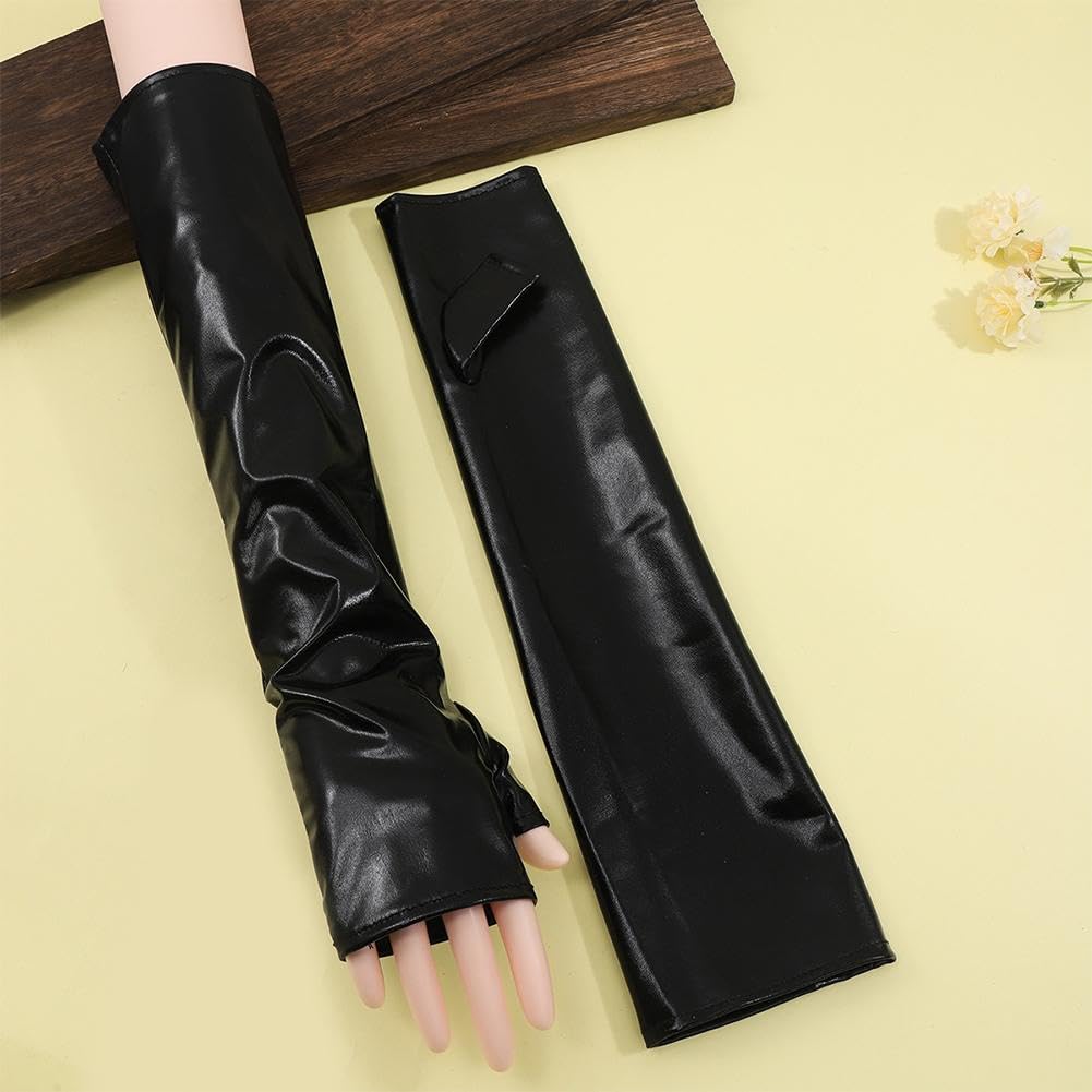 CALFOVERA 2 works Short PU Leather Metallic Fingerless Gloves 2 Size Shiny Rock Stage Gloves Stretchy Gothic Punk Half Palm Dress Up Arm Sleeves for Women Halloween Costume Party Cosplay - Image 4
