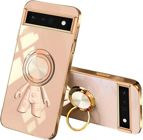 Funda compatible con Google Pixel 6A con soporte de anillo, soporte de anillo giratorio de 360, color rosa, funda protectora delgada de silicona a