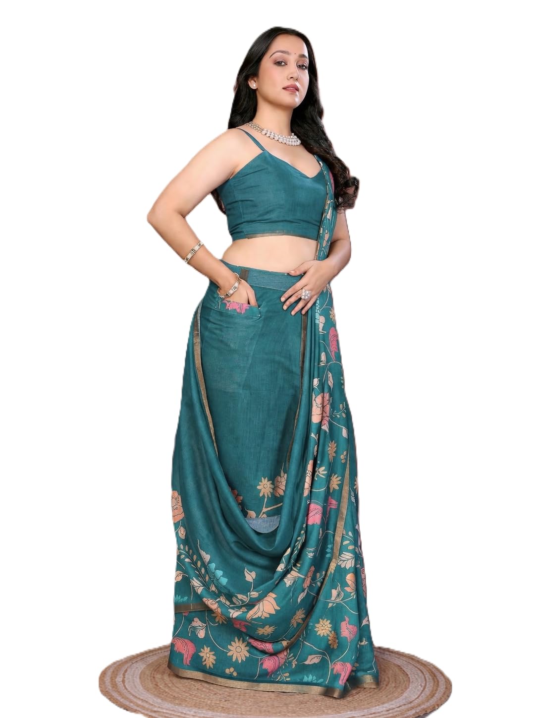 Black Floral Print Ready to Wear Linen Saree with Pocket & Adjustable Belt-image-5