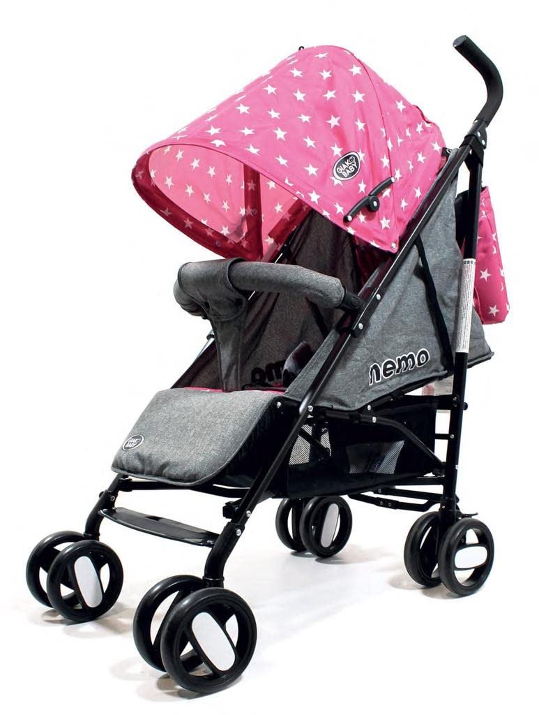 Passeggino Leggero 25Kg Nemo con Borsa Grey Pink Star Cappottina Parasole, Pieghevole con una Mano, Regolabile, Accessori, Cesto Portaoggetti GVC-8004