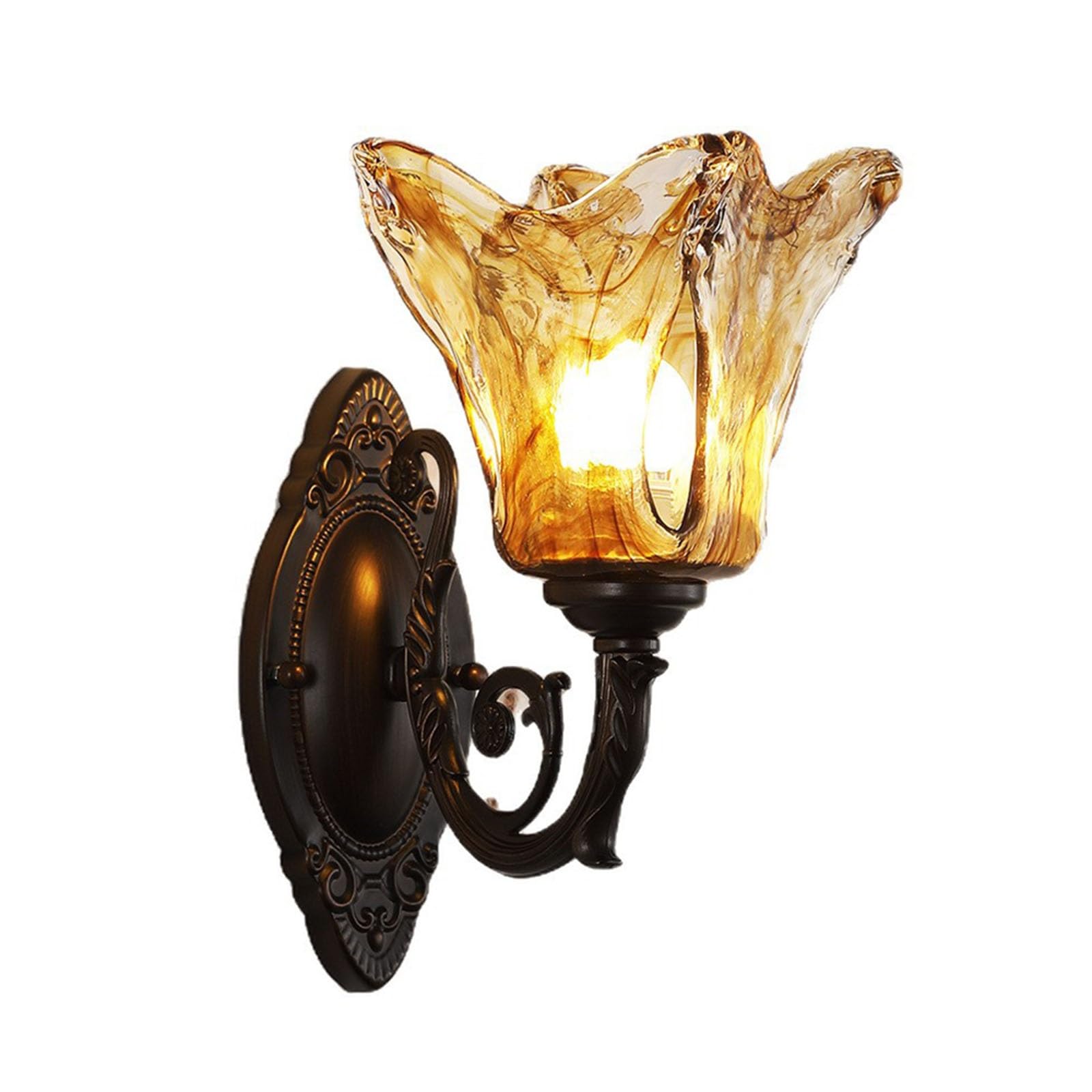 FEITENGDA Nordic Amber Glass Shade Wall Sconce Vintage Dark Bronze Metal Wall Lamp Interior Bedside Decor Wall Mount Light for Living Room Bedroom Hallway Entryway