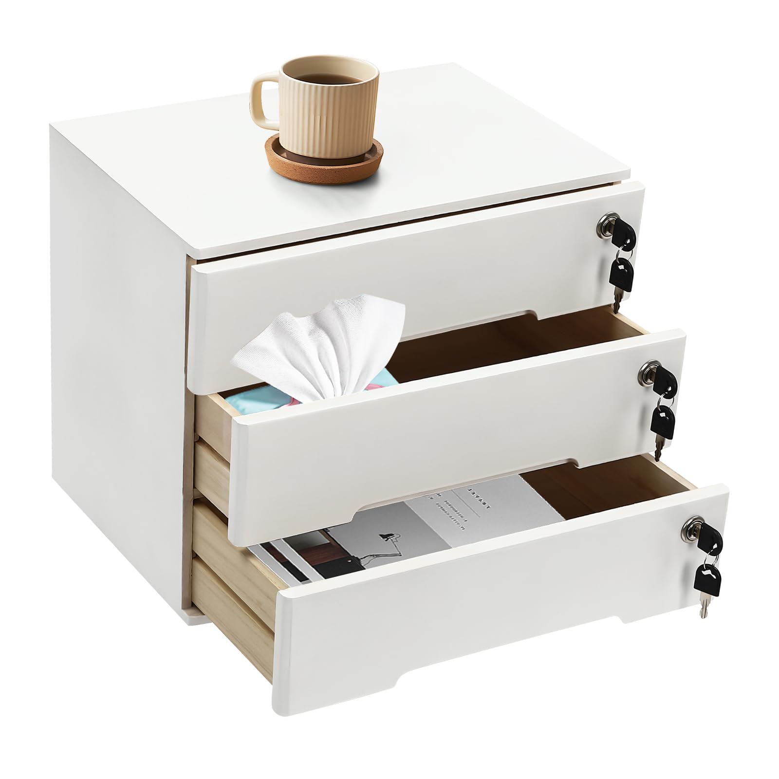 LEYSRIS Wooden Desk Organizer with Lockable Drawers, 3-Tier Countertop Storage Cabinet File Cabinet Jewelry Organizer Home Office Supplies Organization Unit (White-3 Lock)