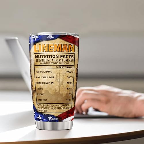 Miniatura 4 de Lineman - Vaso de café con datos nutricionales, regalos de cumpleaños para hombres, niños, papá, taza de viaje grande con tapa, taza aislada,