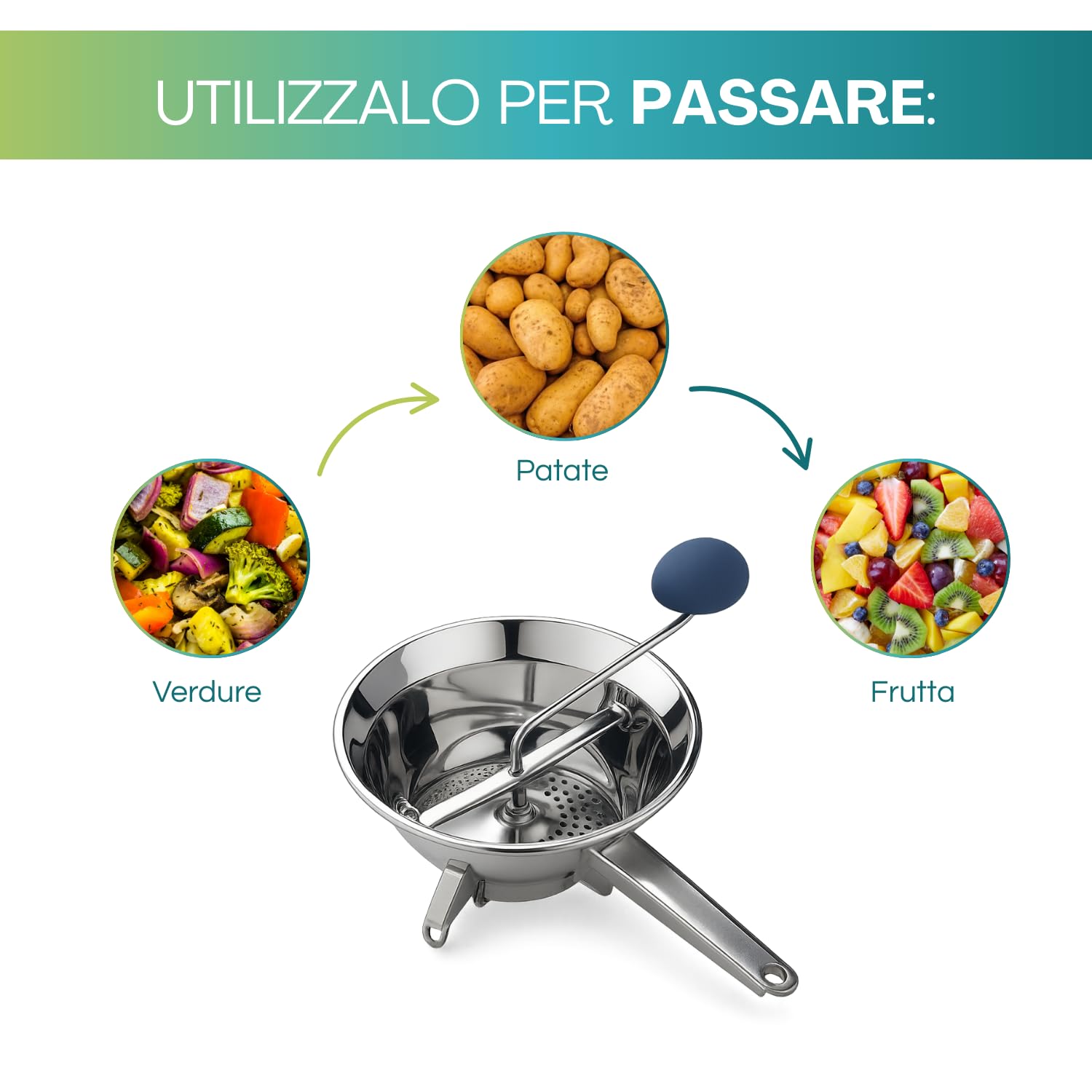 Virsus Passatutto in acciaio inox 18/10, DIAMETRO 24cm, 3 Dischi in dotazione, passaverdure manuale antiruggine per schiacciare patate, verdure, legumi, zuppe, salse, pomodori, Made in Italy