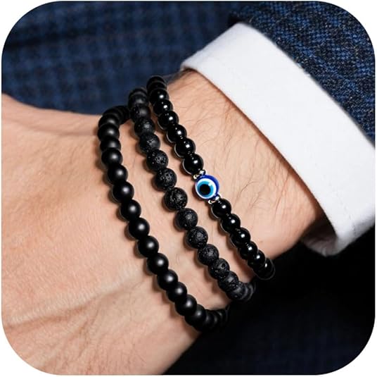 3PCS Evil Eye Bracelet 6mm Tiger Eye Natural Stone Stretch Adjustable Black Crystal Beaded Bracelet for Men Women Gifts
