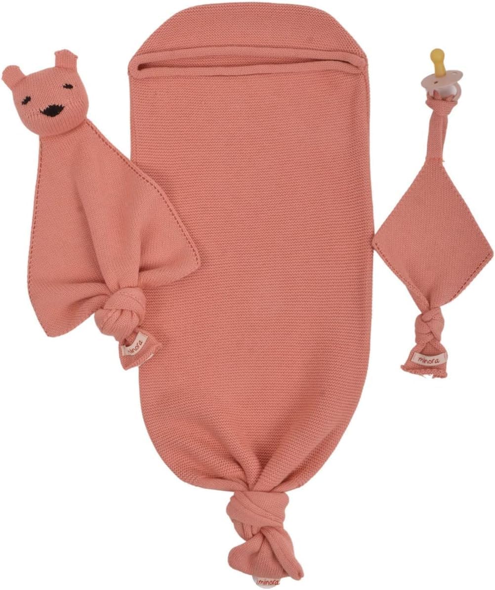 Minora Newborn Essential Baby Swaddle Blanket Set, 1 Piece Set (1 Pacifier Holder, 1 Cocoon Swaddle Sleep Sack, 1 Teddy Bear), 0-8 Months Baby - Salmon