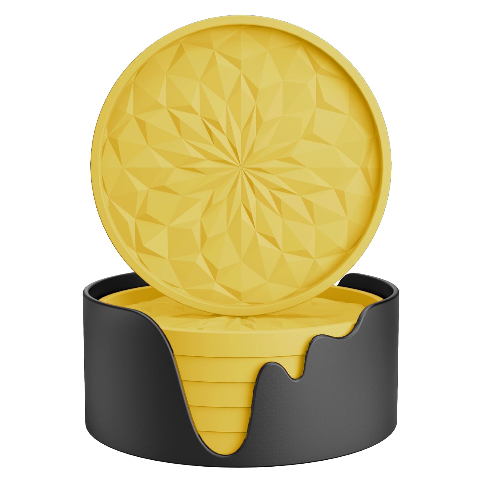 ME.FAN Silicone Coasters with Holder,[6 Pack] Drinking Coasters - Cup Mat for Hot or Cold Drinks, Thickened, Non-Slip, Non-stick,Deep Tray Yellow