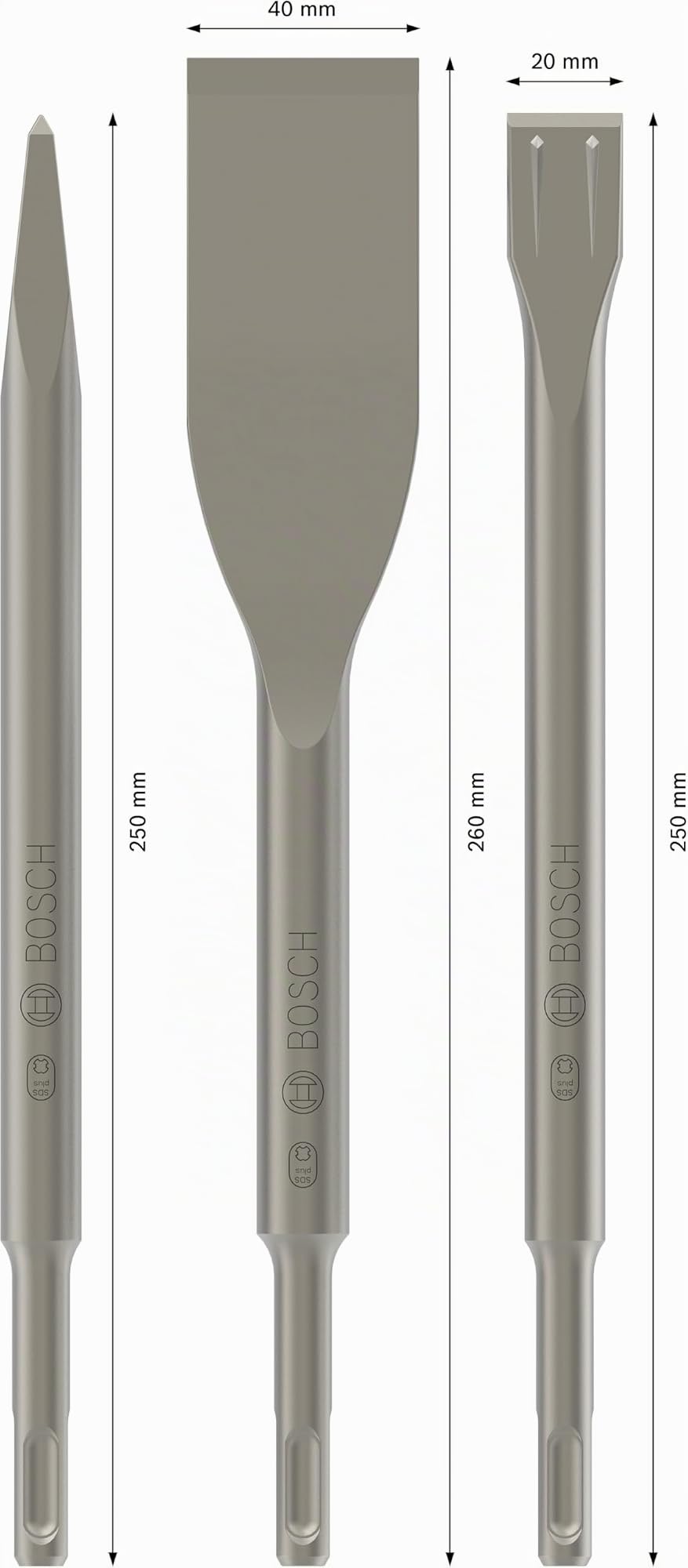 Bosch 2 607 019 159 - Juego de cinceles de 3 piezas SDS-plus - 250; 250; 260 x 20; 40 mm (pack de 3)