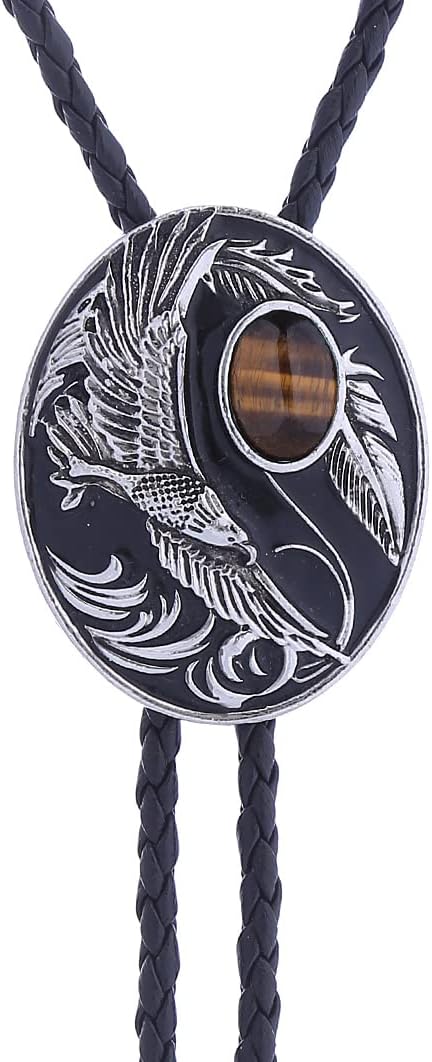 Bolo Tie For Men,Cowboy Necklace,Flying Eagle Turquoise Jade Tiger-eye Bola Bolo Tie Wedding