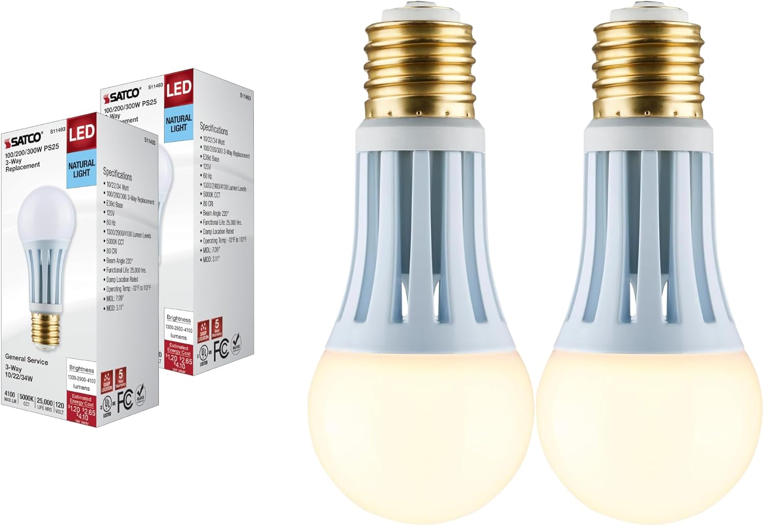 Satco S11492-10/22/34 Watt PS25 LED Three-Way Lamp; E39d Mogul Base; 4000K; White Finish; 120 Volt for Commercial and Residential, Stores, Homes, Hotels, Properties, Contractors (2 LED Light Bulbs)