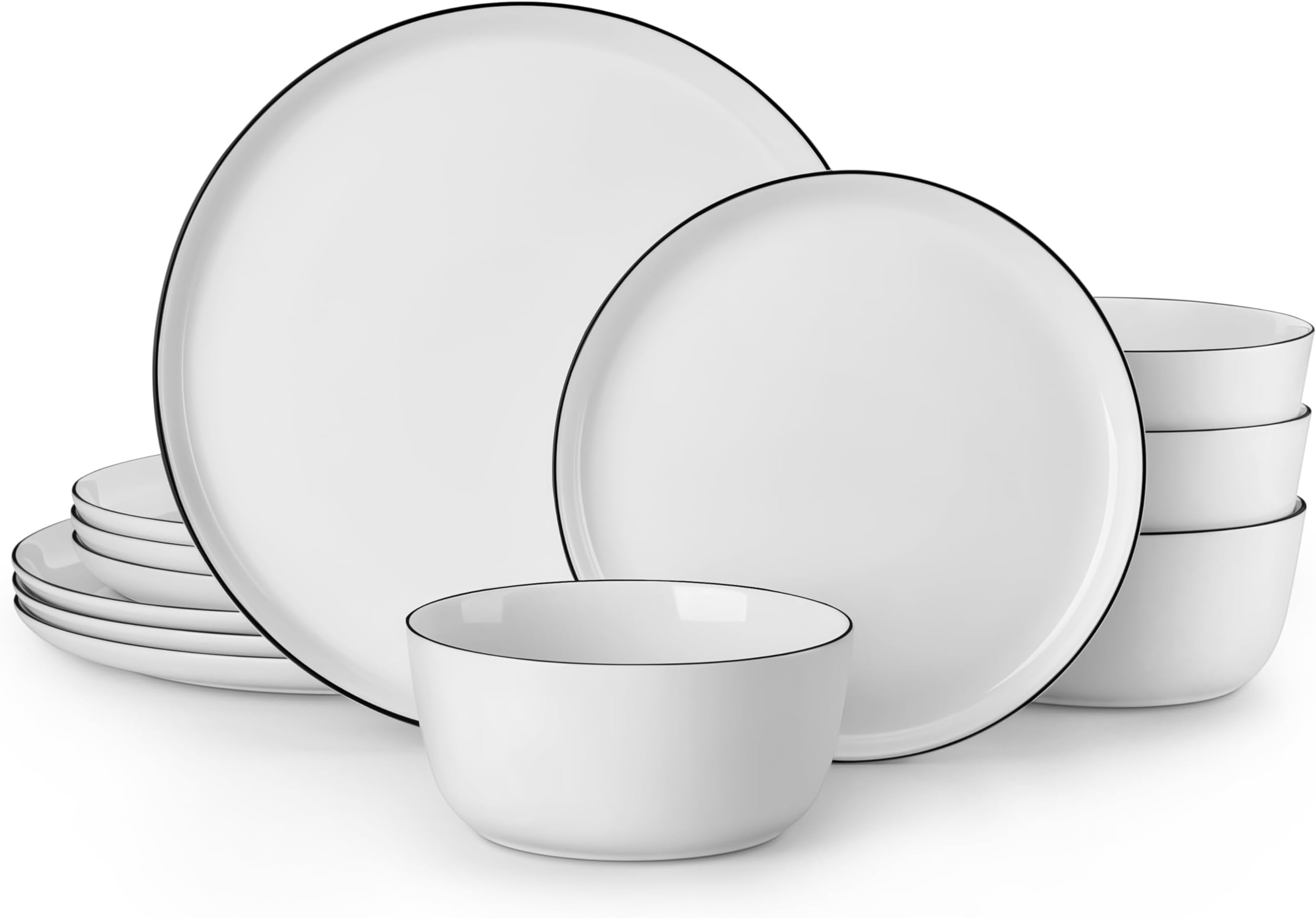 12 Piece Dinner Sets for 6 People, White and Black Rim Porcelain Crockery Set with Plates and Bowls, Premium Ceramic Dinnerware Sets, Microwave and Dishwasher Safe, Lexi Series