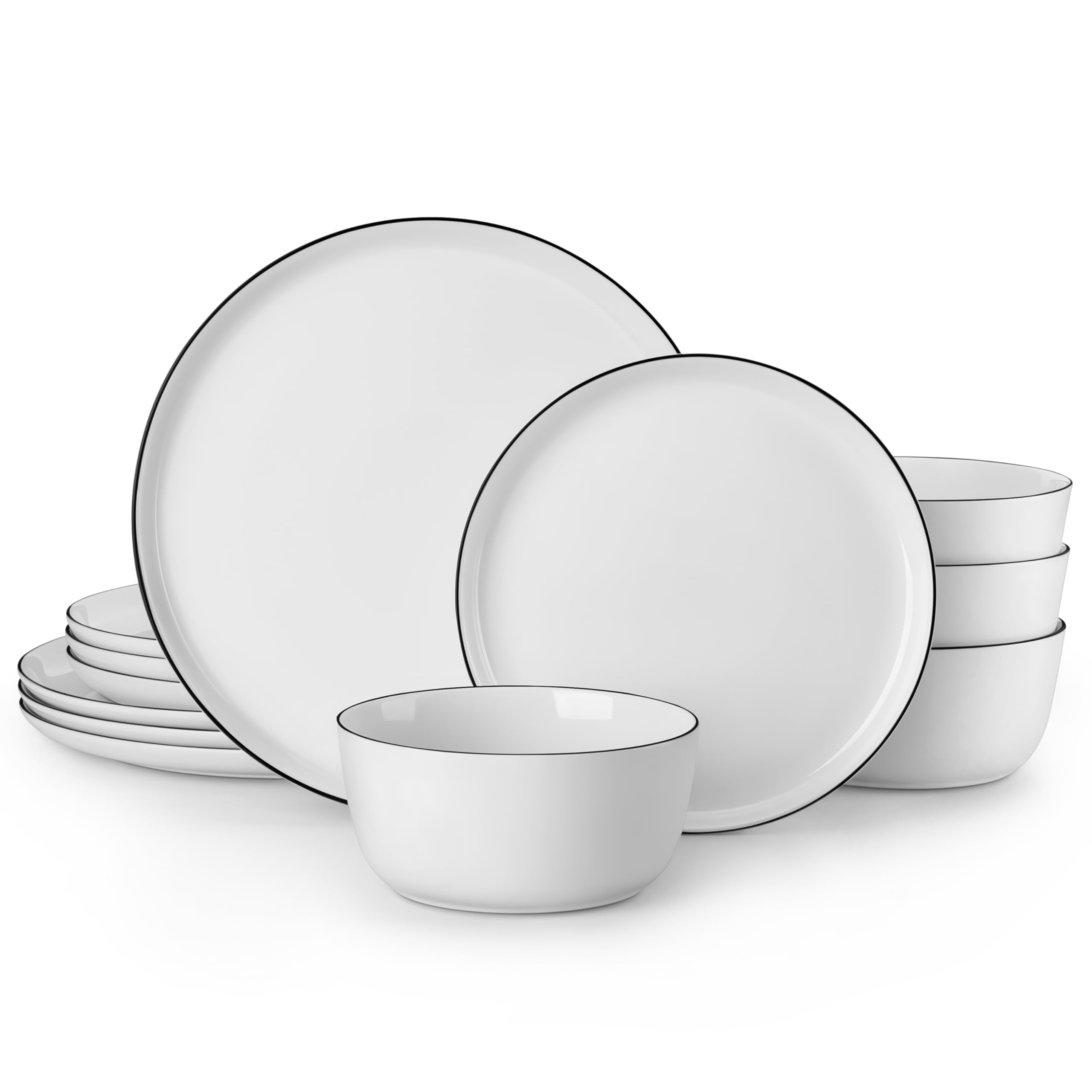 MALACASA Dinner Set, 12 Pieces Ceramic Dinnerware Service for 4, White and Black Rim Porcelain Crockery Set, Include Plates and Bowls, Premium Ceramic Dinnerware Sets, Lexi Series