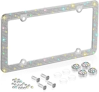 Bling Rhinestone License Plate Frames for Women, 4 Row Rhinestone Diamond Metal Stainless Stee License Plate Cover Bling Car Accessories Decoration 1 Pack, 4 Holes White