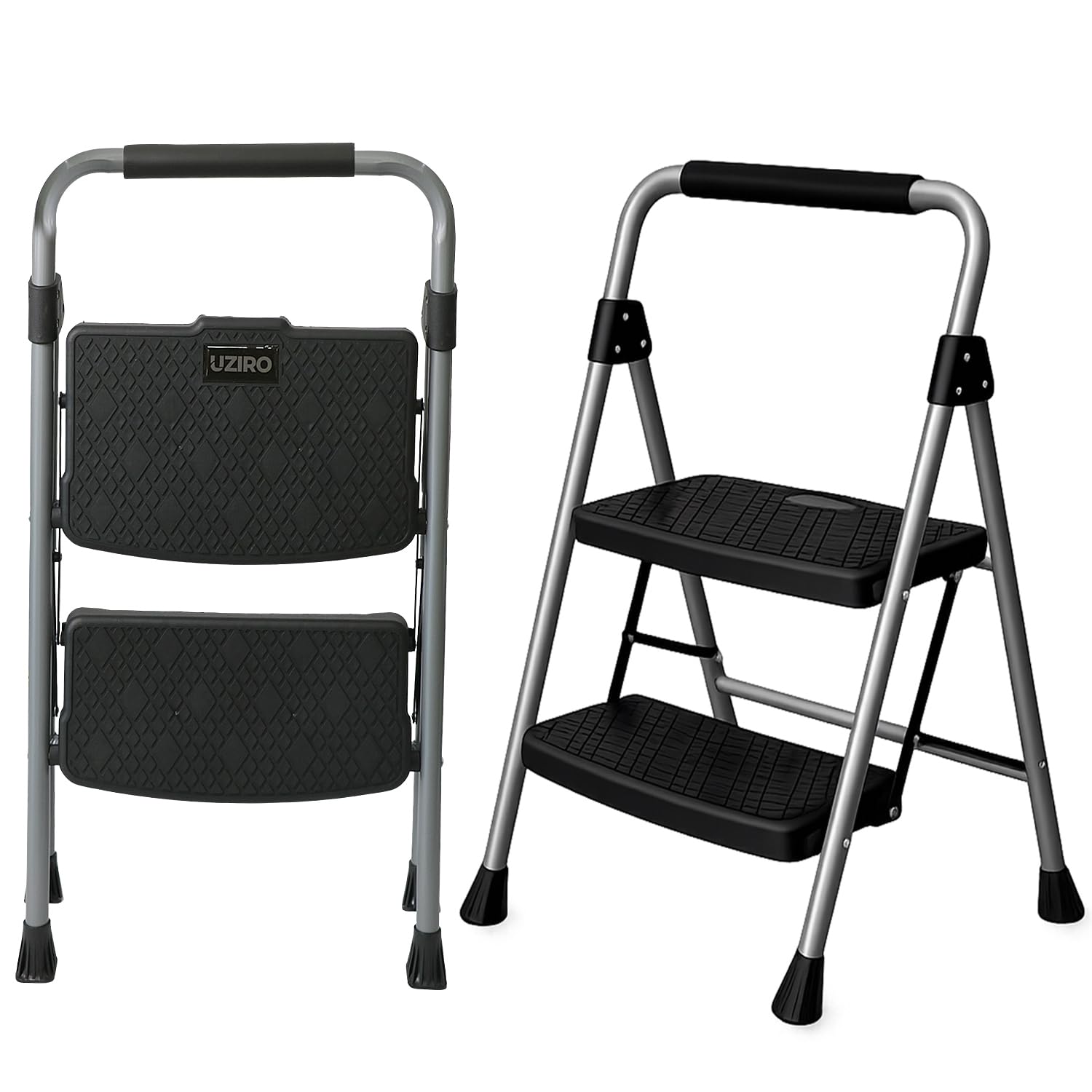 UZIRO Escalera Plegable 2 Peldaños, Estructura de Acero y Aluminio, Color Plateado, Peldaños Antideslizantes, Asa de Goma, para Hogar, Cocina, Oficina y Bricolaje