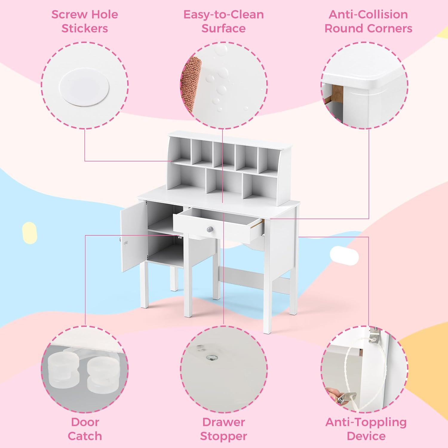 HONEY JOY Kids Desk and Chair Set, Wooden Children School Study Table and Chair w/Drawer, Hutch, Storage Shelves, Student Writing Desk Computer Workstation for Bedroom, 3+ Years Old (White)