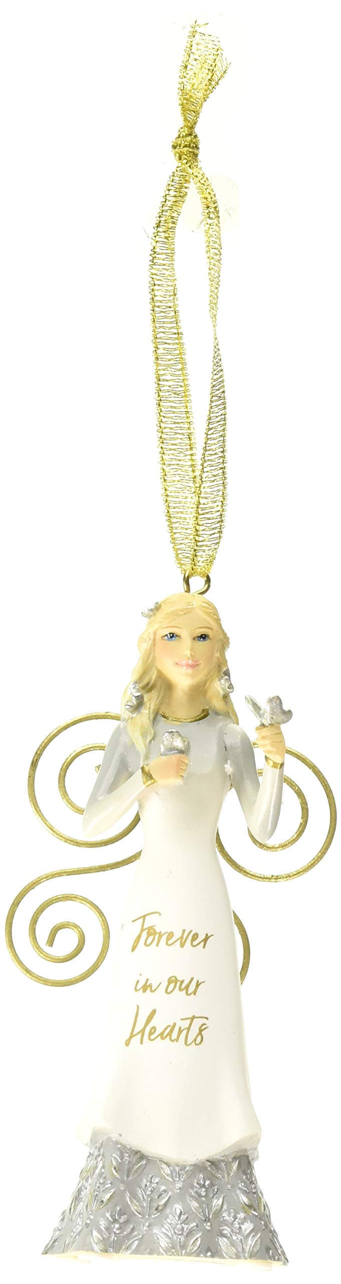 Pavilion Gift Company Forever in Our Hearts White & Gold in Memory Figurine 4.5" Angel Ornament Holding Butterflies, 4.5 Inch Tall