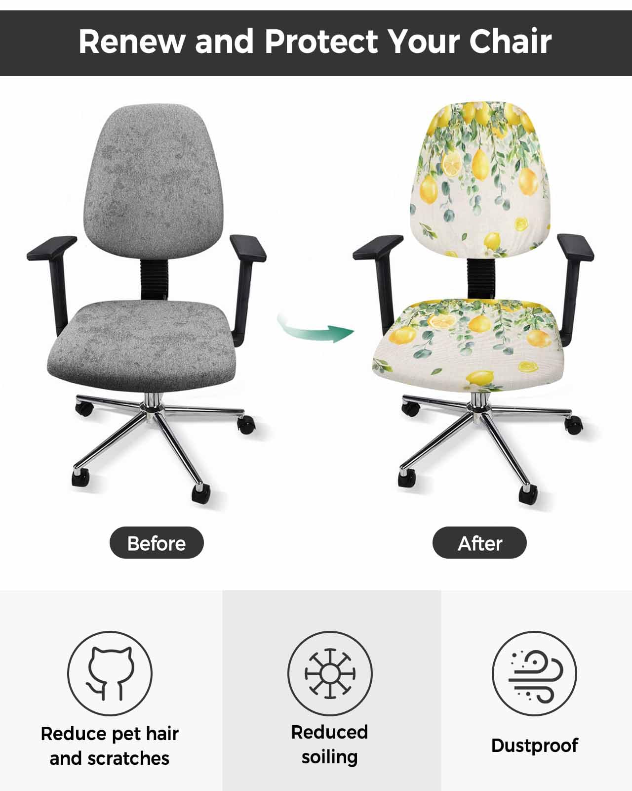 Lemon Leaves 2 Pieces Computer Office Chair Covers Set,Stretchable Desk Rotating Chair Seat Cushion Slipcover Back Covers,Country Botanical Eucalyptus Leaves Floral Slipcover Back Cover Protector