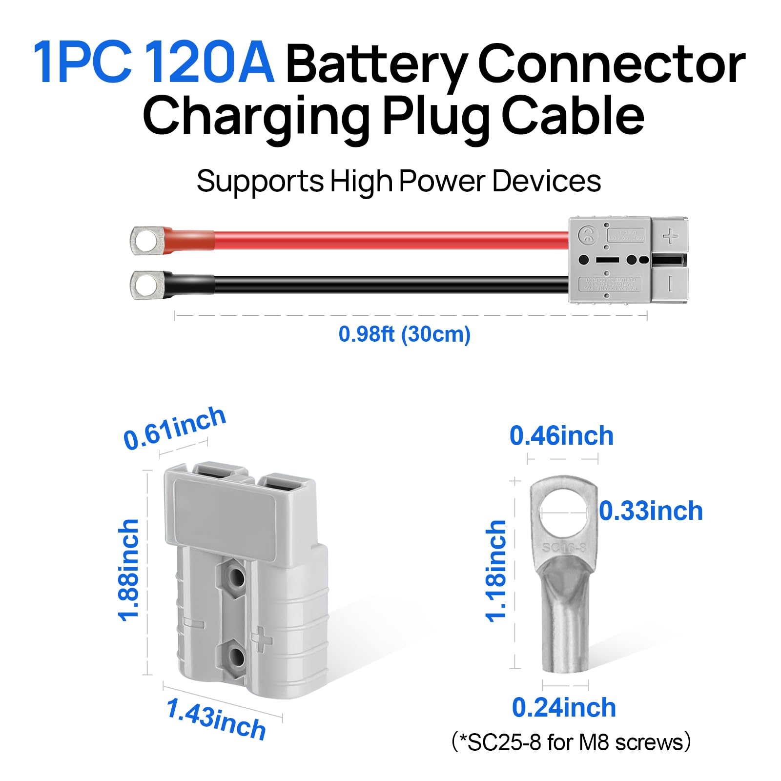 DCHOUSE 1 connettore batteria da 120 A, 4 AWG, 600 V, cavo batteria M8, connettori rapidi impermeabili per il trasferimento di corrente di batterie Lifepo4, carrello da golf