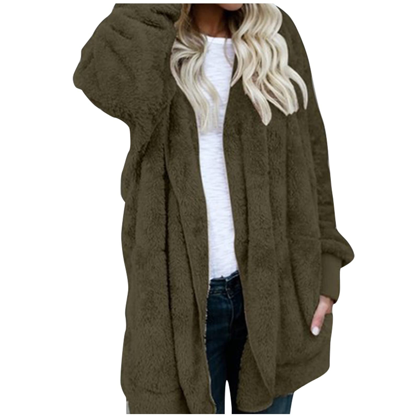Long Cardigans for Women Fuzzy Fleece Jacket Sherpa Cozy Open Front Cardigan With Pockets Fur Sherpa Coats Outwear