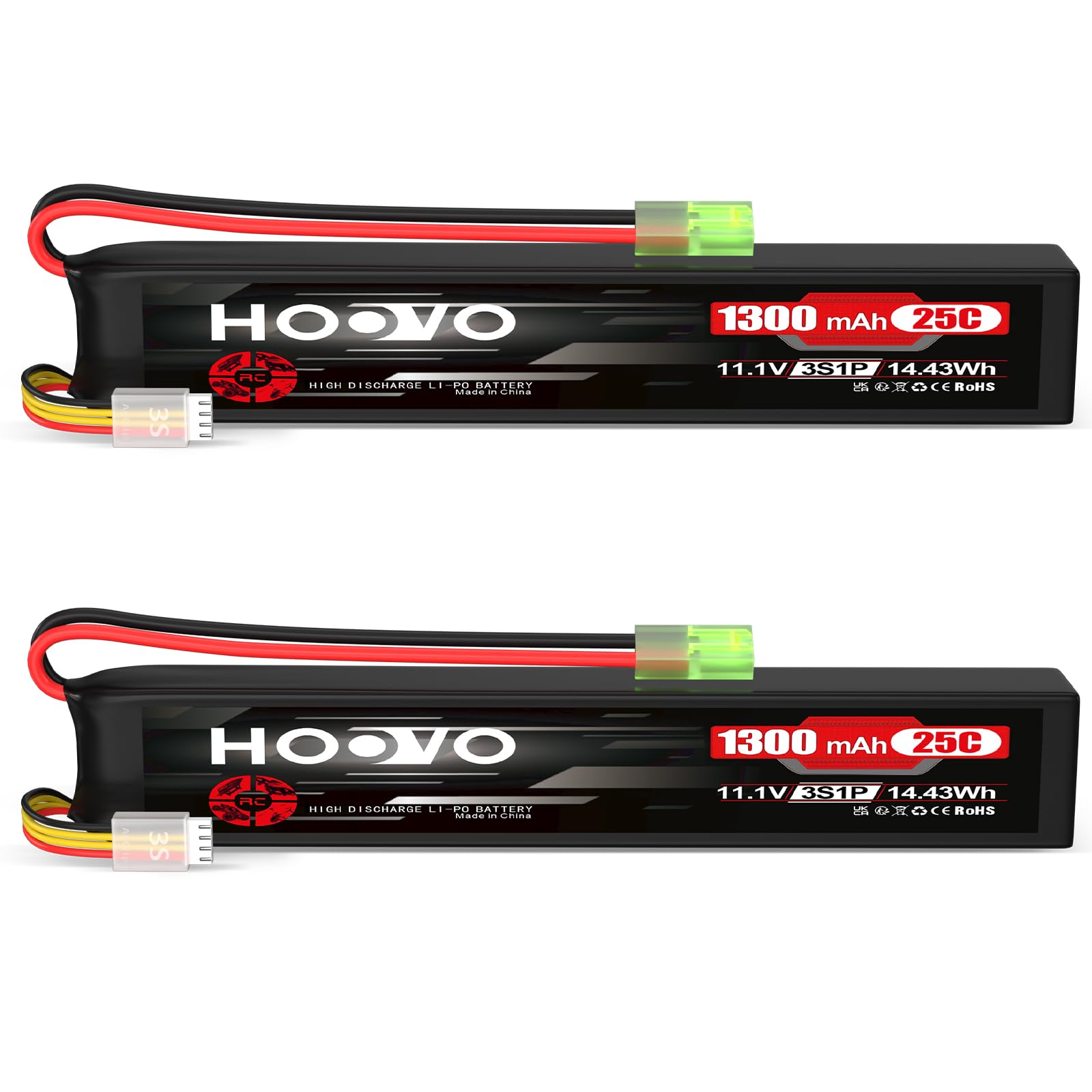 HOOVO Airsoft Battrie 1300mAh 3S 11.1V 25C Batterie Lipo Batterie Rechargeable pour Pistolet Airsoft avec Mini Prise Tamiya (Pack de 2)
