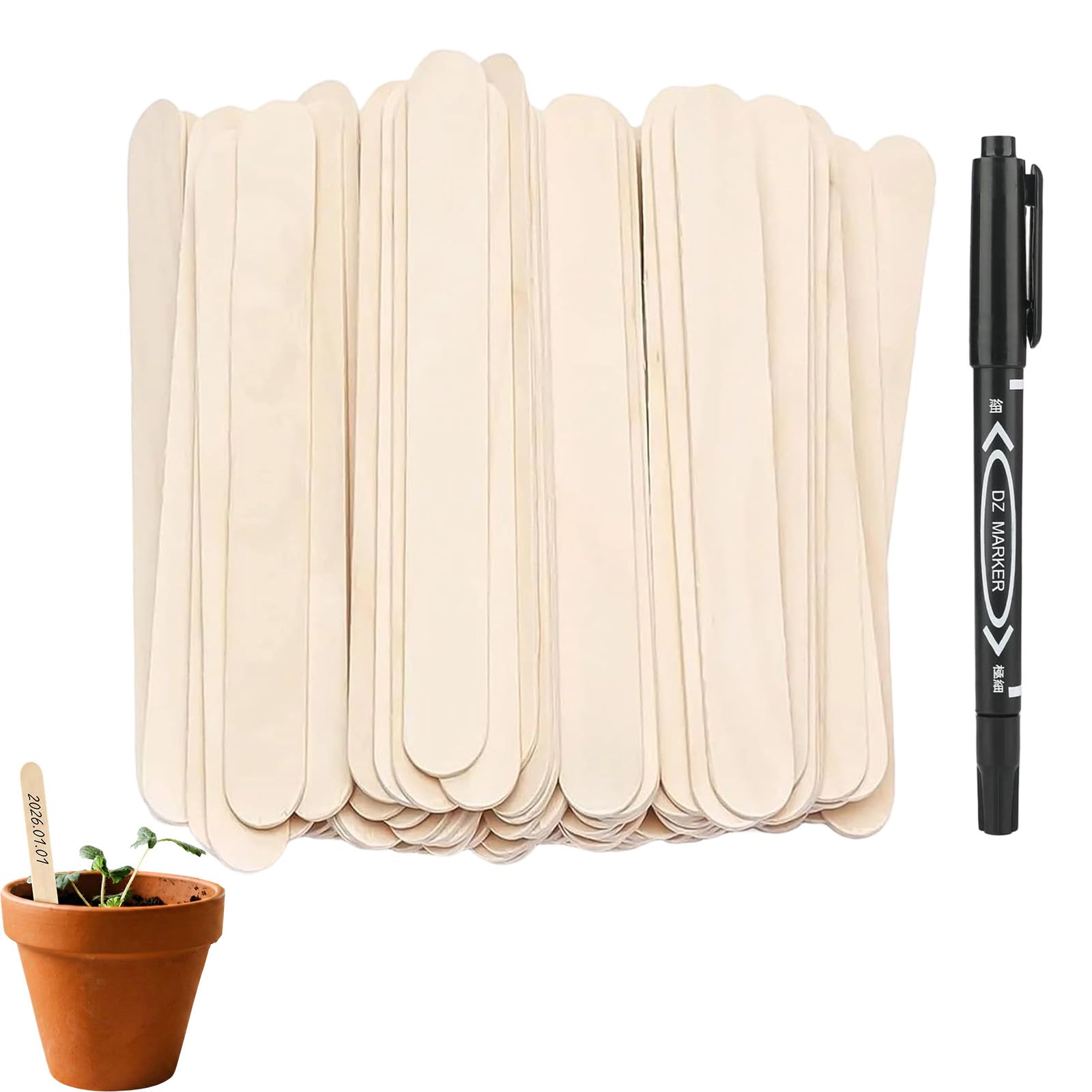 Alinw 100 Pcs Wooden Plant Labels for Outdoor Plants Labels and Pen, Plant Label for Garden, Name Sticks for Herb Flowers Vegetable Waxing Shovel（15x1.8cm）