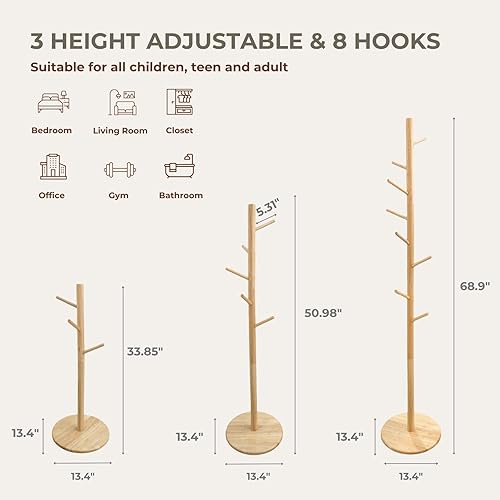 Miniatura 9 de Perchero y soporte de madera maciza, colgador de ropa independiente con 8 ganchos y 3 alturas ajustables, perchero, soporte para sombreros,