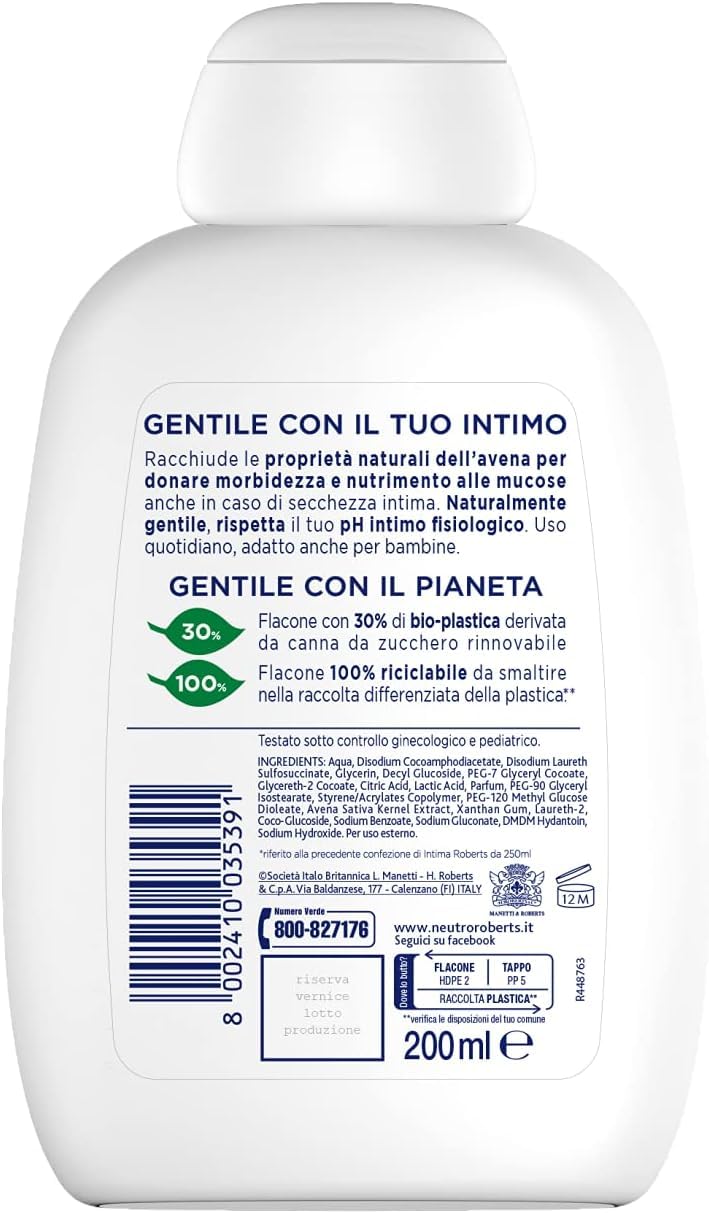 Neutro Roberts Detergente Intimo Idratante con Latte di Avena, limpiador íntimo hidratante con leche de avena 200 ml + llavero Beni Culinari gratuito