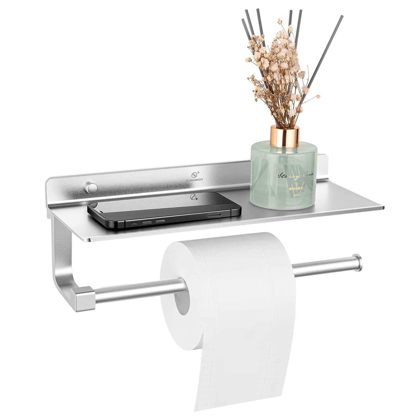 Paper Towel Holder Wall Mounted for Kitchen Bathroom Toilet Tissue Roll Hanger with Storage Shelf Space Aluminum Self Adhesive with Glue Paper Towel Dispenser -Silver