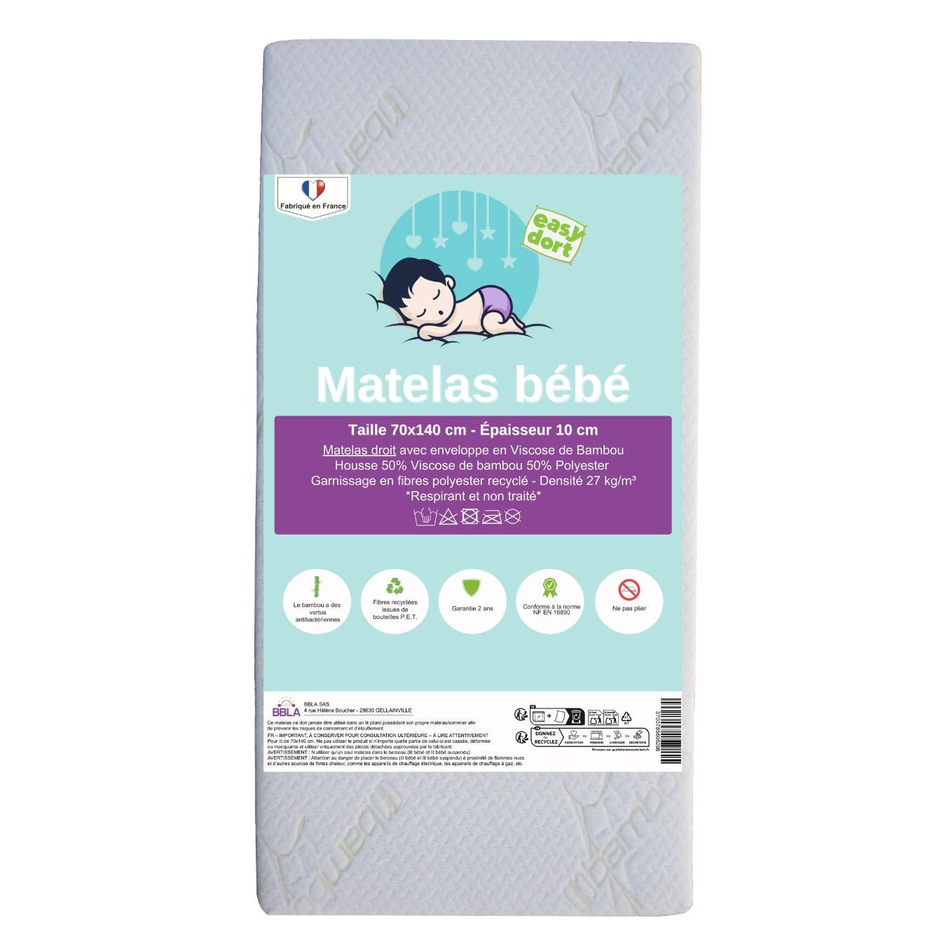 Easy Dort Materac 70 x 140 / 140 x 70 cm Łóżeczko dziecięce Bamboo + 2 prześcieradła z bawełny organicznej | Kompletny zestaw do łóżeczka dziecięcego | Certyfikat GOTS i Oeko-Tex | Wyprodukowano we