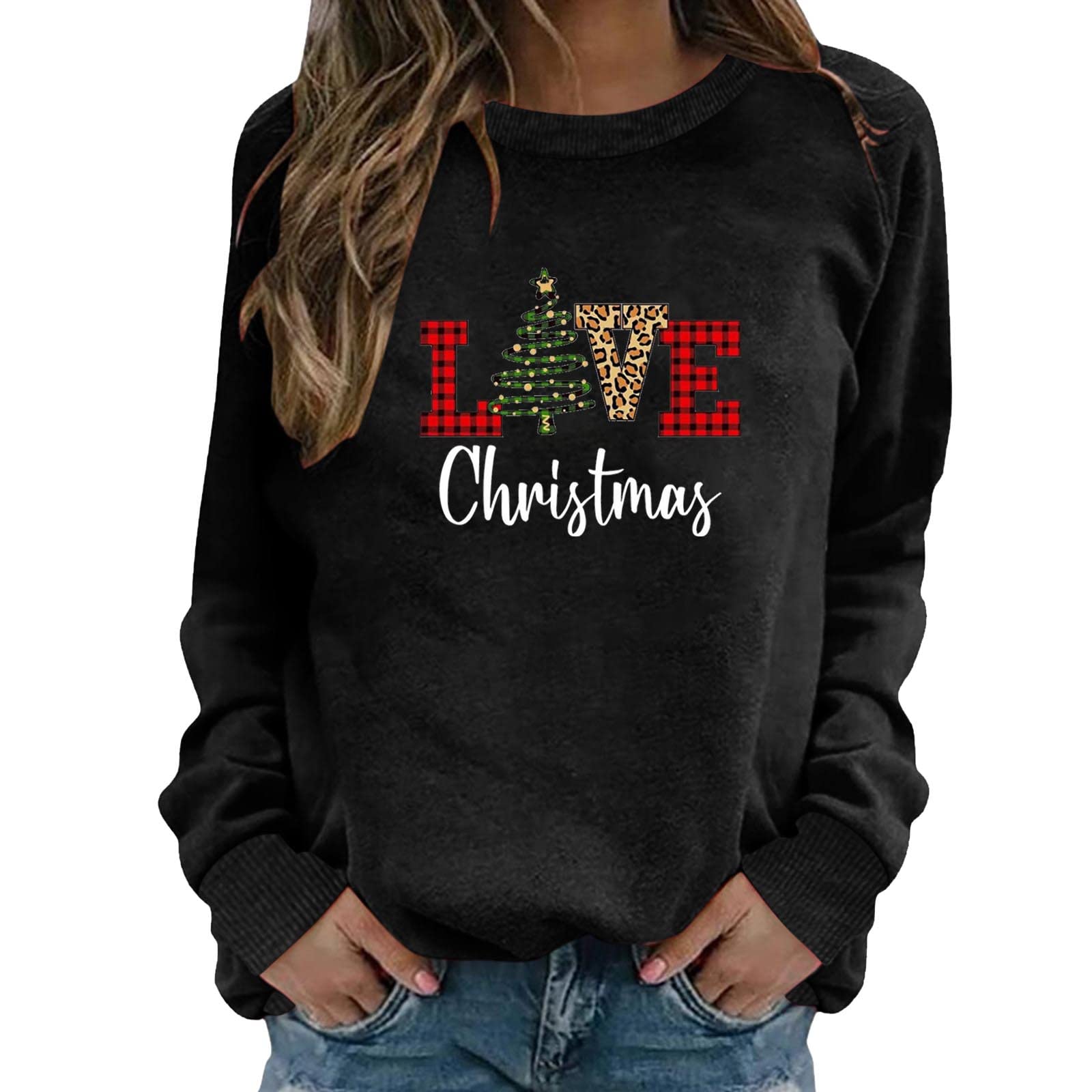Alwyeans Women's Christmas Jumper Xmas Jumper Oversize Loose Fitting Tops Casual Shirts Classic Round Neck Long Sleeve Sweatshirt Ladies Elegant Xmas Tree Printed Pullover Outdoor Sportswear