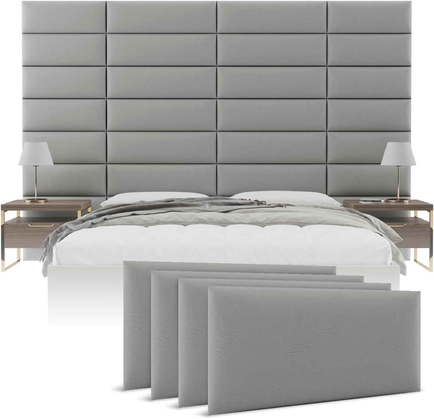 Vänt Upholstered Wall Panels - Queen/Full Size Wall Mounted Headboards - Vintage Leather Light Grey - Set of 4 Panels (Each Individual Panel 30"x11.5")