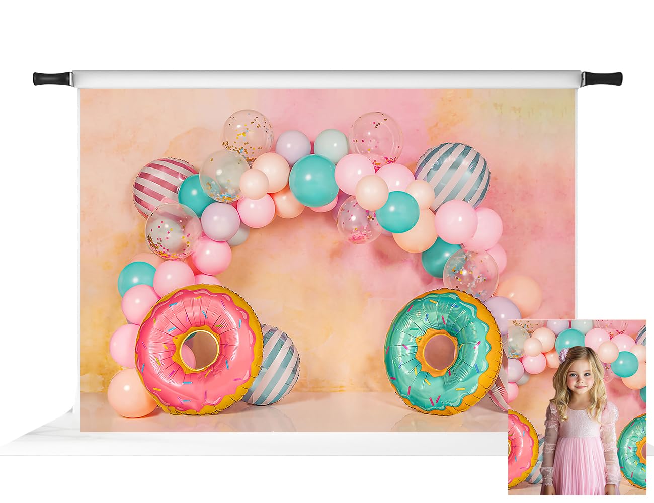 Kate Cake Smash Photography Background Donut Theme Balloon Photo Backdrop for 1st Birthday Party, 7X5ft