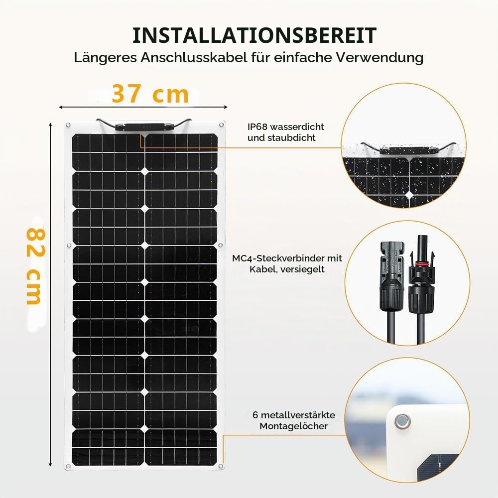 Flexible Solarpanel Kit 50w Solar Set 12V, 50Watt Solaranlage Wohnwagen | Solarmodul Komplettset mit 10A 12V/24V Solar-laderegler Solarkabel für 12v Batterien Wohnmobil Camping Boot