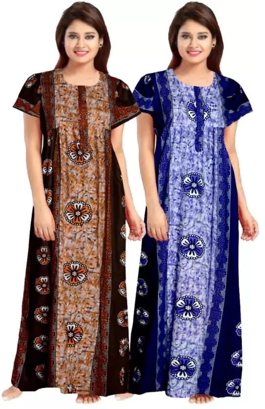 NEGLIGEEWomen's Cotton Printed Maxi Nightgown Nighty for Women Ankle Length Night Dress - Pack of 2 (Free Size, Chocolate & Blue)