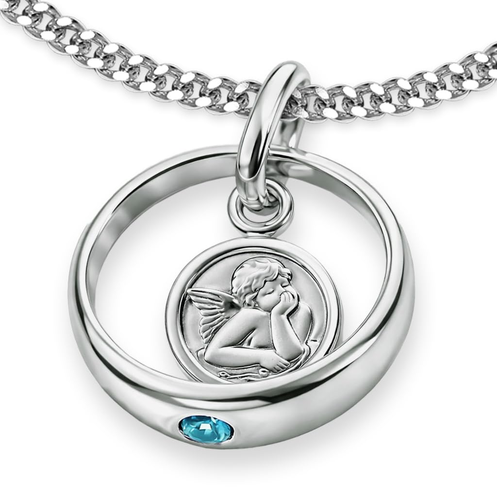 CLEVER SCHMUCK Schutzengel Taufring Silber Engel rund Zirkonia hellblau + Panzerkette 34 cm Sterling Silber 925 Taufgeschenk für Junge im Etui zur Taufe