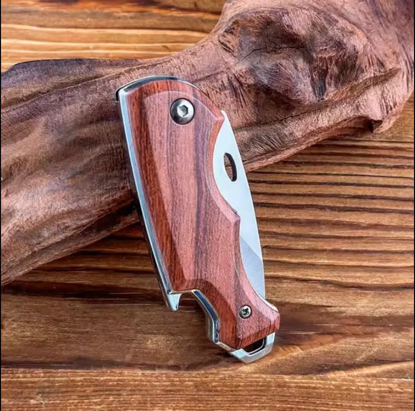 Image of Wizbiz Manual Folding Knife for Kitchen | 3 mm Thick Stainless Steel Blade with Wooden-Look Plastic Handle with Bottle Opener | Multipurpose Kitchen Knife