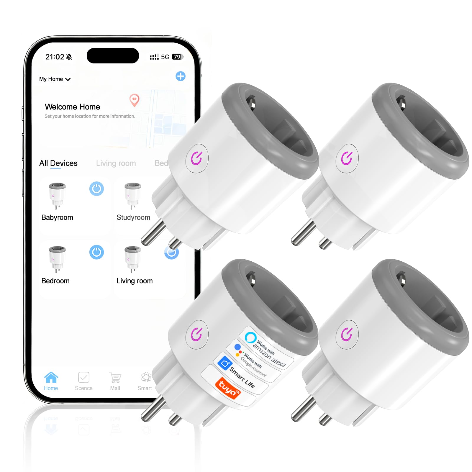 WiFi Smart Plug 16A with Power Monitor Remote Control by Tuya&Smart Life APP/Voice Smart Plugs Bluetooth Compatible with Alexa and Google Home 2.4GHz (4, Off White)