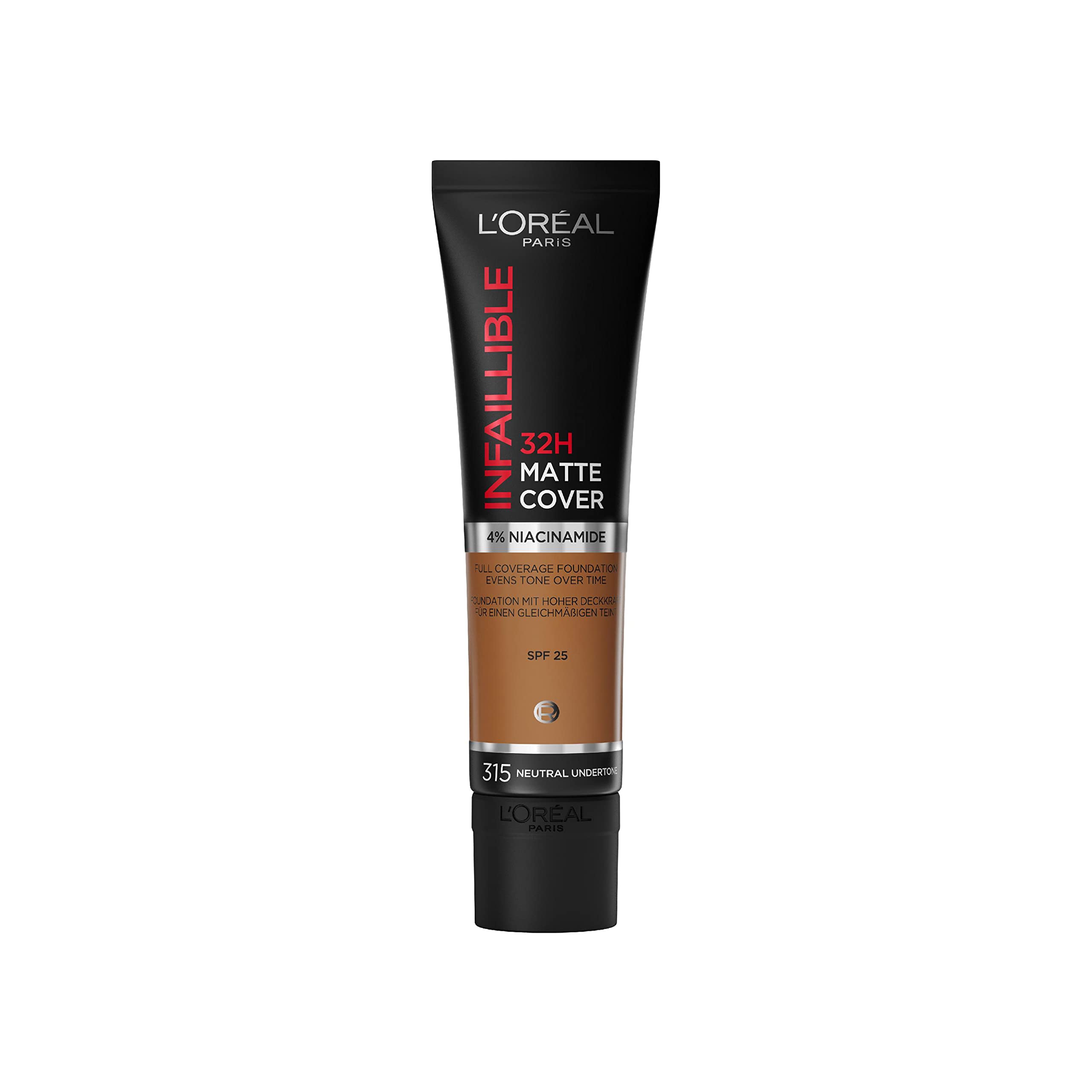 L'Oreal Paris Cover Liquid Foundation, With 4% Niacinamide, Long Lasting, Natural Finish, Available in 20 Shades, SPF 25, Infallible 32H Matte Cover, Shade 315, 30ml