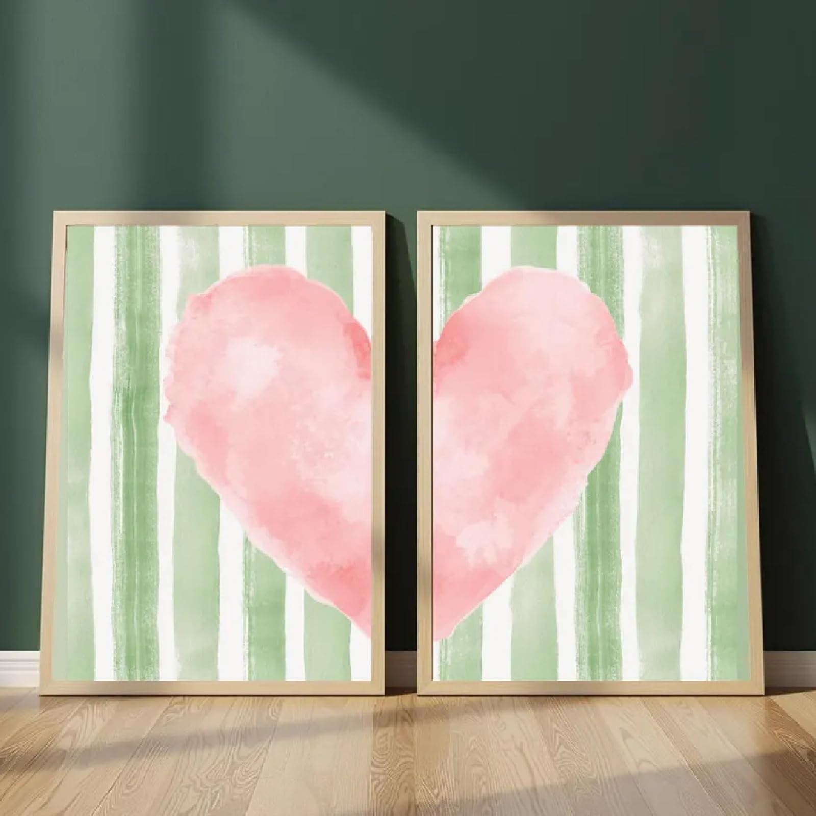 Zbello A 2Pcs/Set Canvas Posters, Vintage Posters, Soft Pink Hearts Nd Light Green Watercolor Stripes, Perfect For Decorating Bedrooms Nd Living Rooms (50X70cm,)