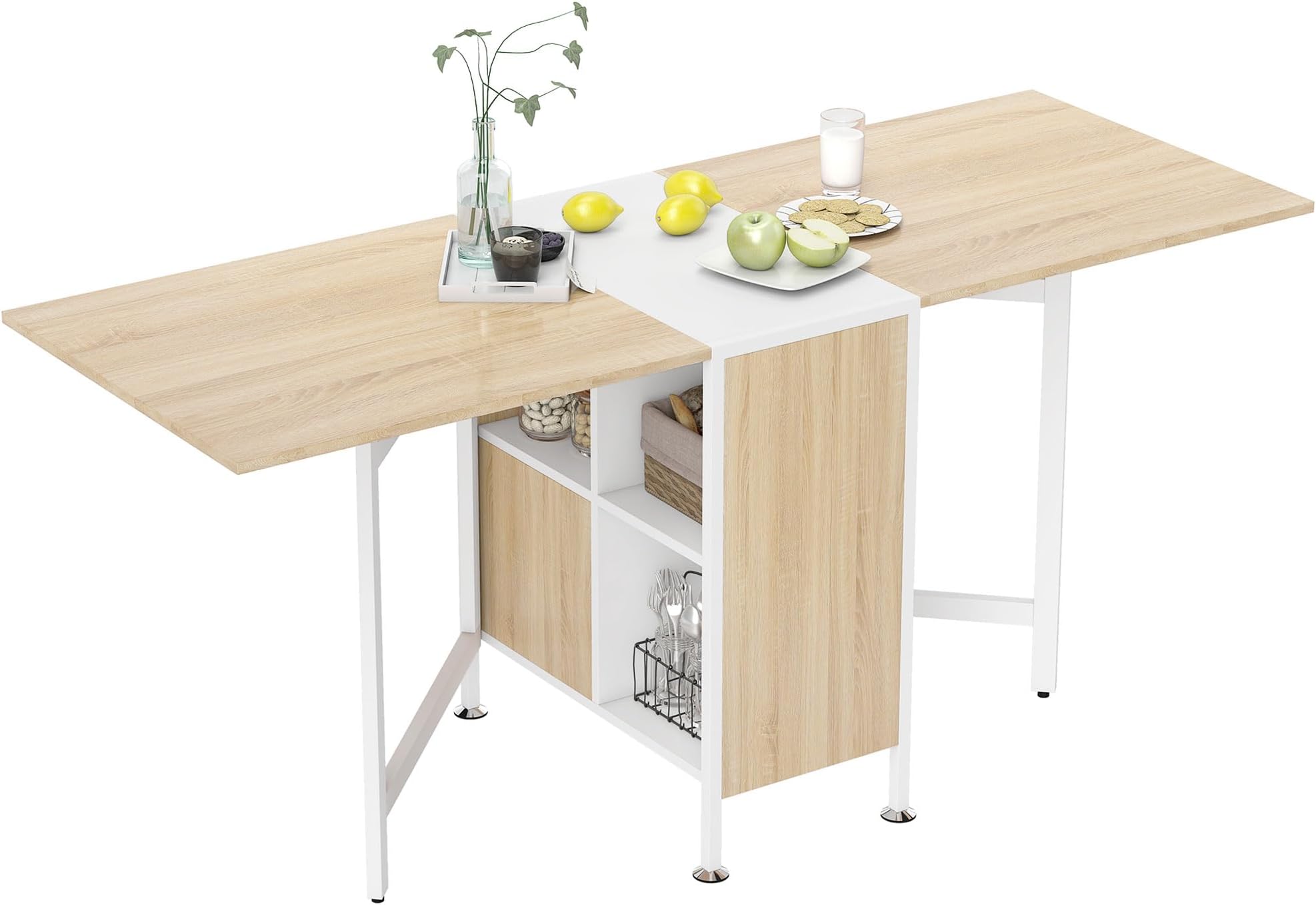 HOMCOM Foldable Drop Leaf Dining Table Folding Workstation for Small Space with Storage Shelves Cubes Oak & White