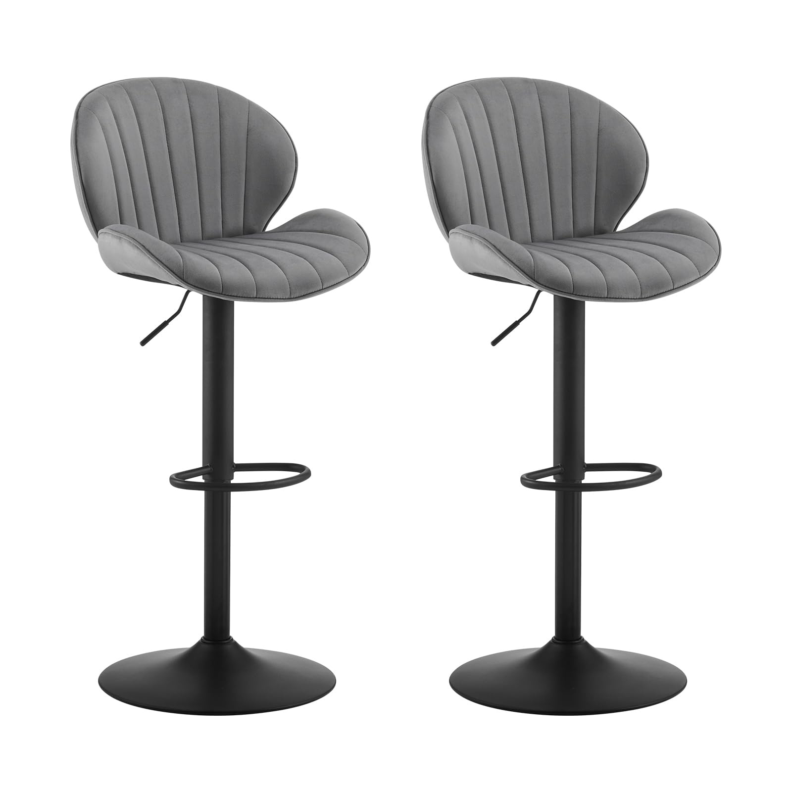 LEMROE Bar Stools Set of 2 Height Adjustable Swivel Velvet Kitchen Counter Chairs with Backrest Footrest Breakfast for High Island Home Pub Restaurant (2, Grey)
