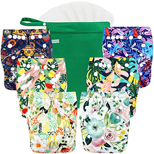 Image of wegreeco Cloth Diapers 6 Pack with 6 Inserts & 1 Wet Bag, Washable Cloth Diapers for Babies, One Size Adjustable Reusable (Love, Flowers)