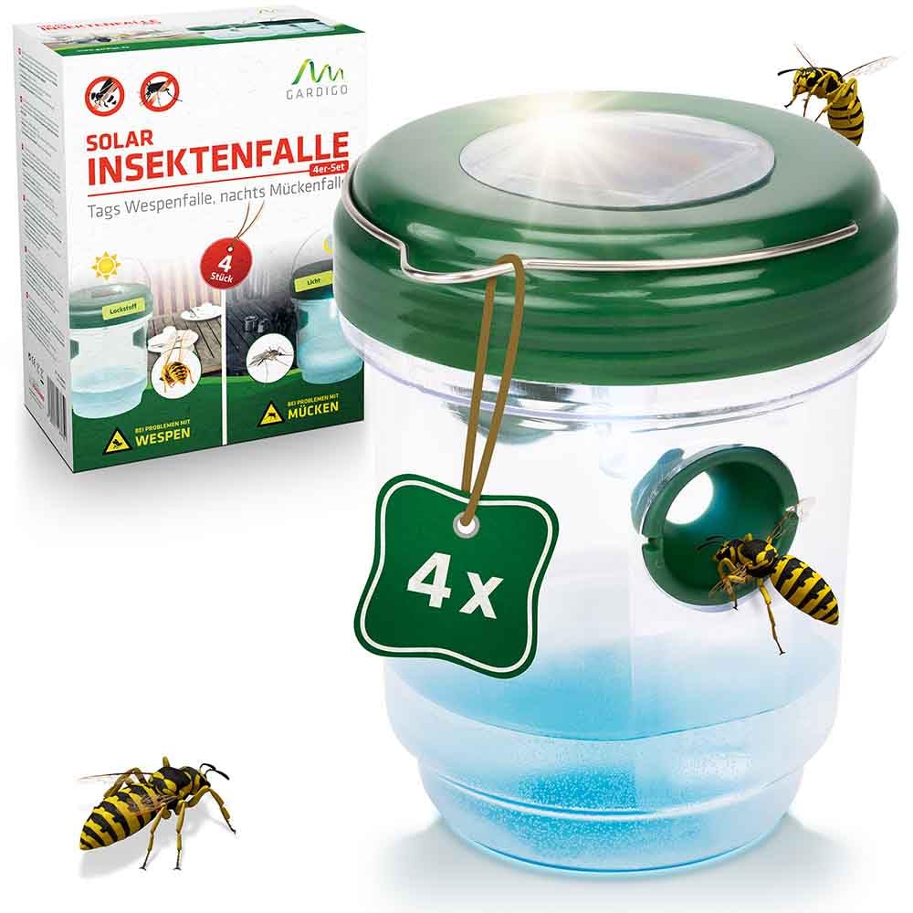 Gardigo® 2en1 Trampa Avispas Exterior y Antimosquitos Juego de 4 | con Luz LED | Atrapa Insectos | Anti Mosquitos | Trampas para Avispas | para Exterior